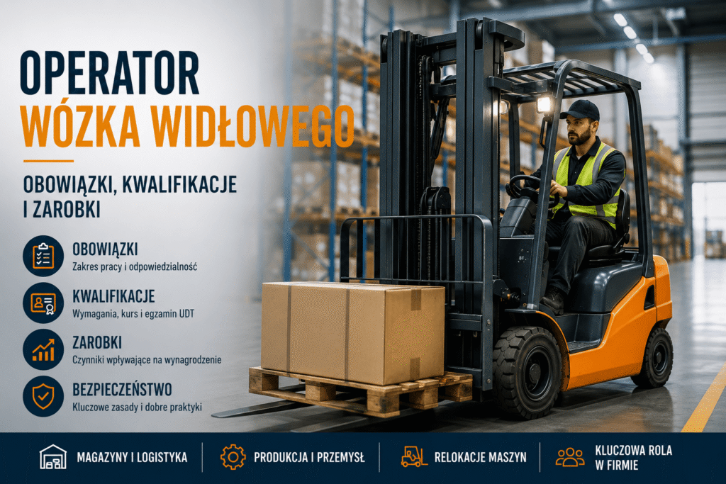 Operator wózka widłowego transportujący paletę w magazynie logistycznym